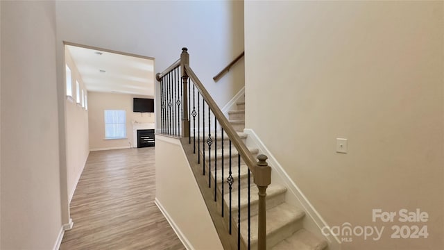 staircase with hardwood / wood-style flooring