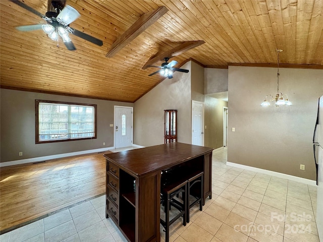 kitchen featuring beamed ceiling, decorative light fixtures, wooden ceiling, and light hardwood / wood-style flooring