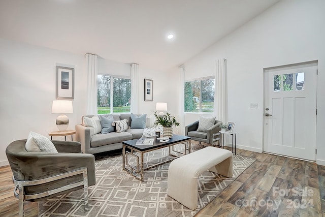 living room featuring wood-type flooring, vaulted ceiling, and a healthy amount of sunlight