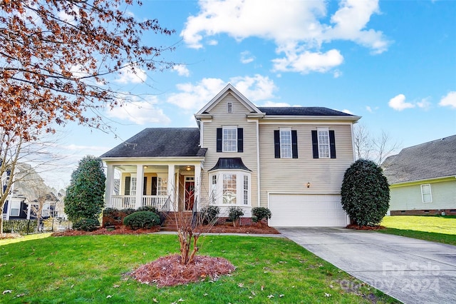 front facade featuring covered porch, a garage, and a front lawn