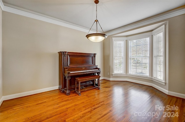 miscellaneous room with light hardwood / wood-style floors and ornamental molding