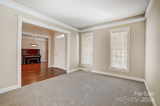 carpeted empty room featuring a wealth of natural light and ornamental molding