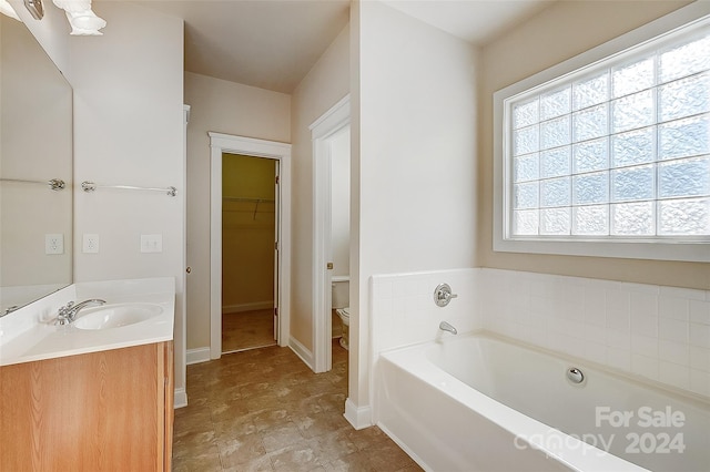 bathroom with a tub, vanity, and toilet