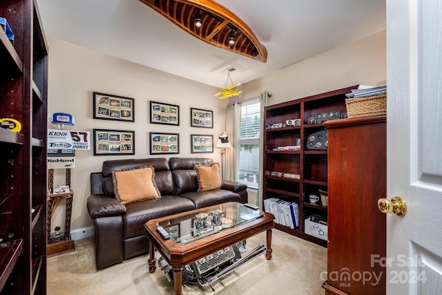 living room featuring light carpet