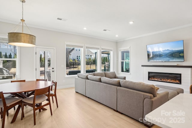 living room with light hardwood / wood-style flooring and crown molding