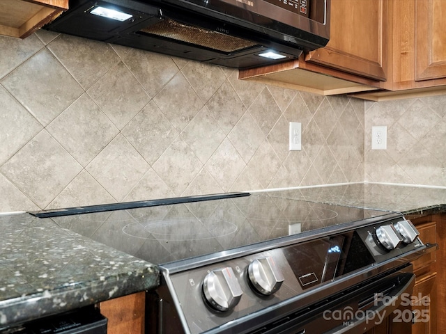 room details with dark stone counters, stainless steel appliances, and tasteful backsplash