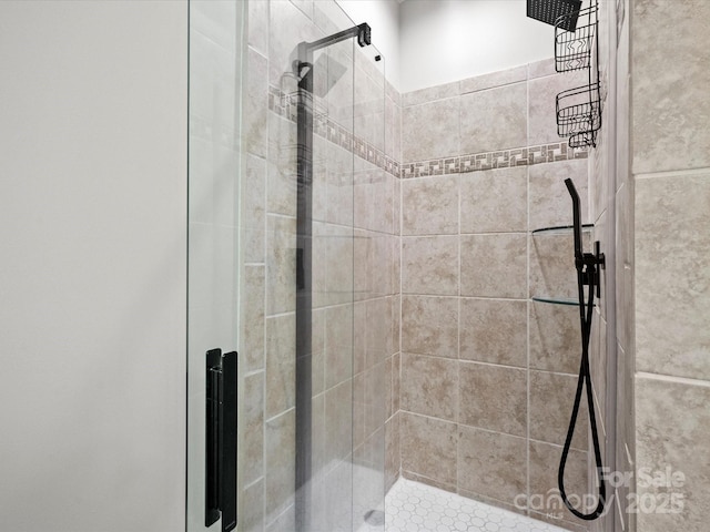 bathroom featuring a shower with shower door