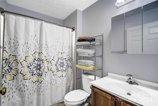 bathroom featuring vanity, a shower with curtain, a textured ceiling, and toilet