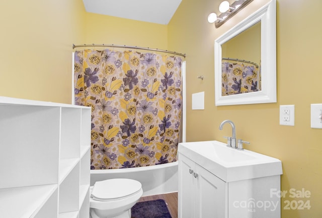 full bathroom with shower / bath combination with curtain, vanity, hardwood / wood-style flooring, and toilet