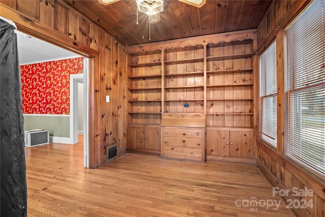 interior space featuring wood walls, ceiling fan, wood ceiling, and light wood-type flooring