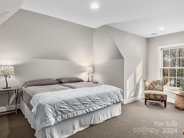 bedroom featuring carpet and vaulted ceiling