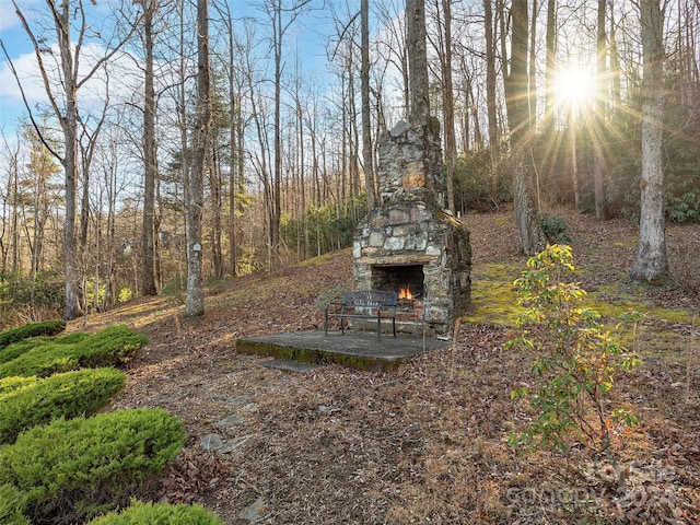 view of yard with an outdoor stone fireplace