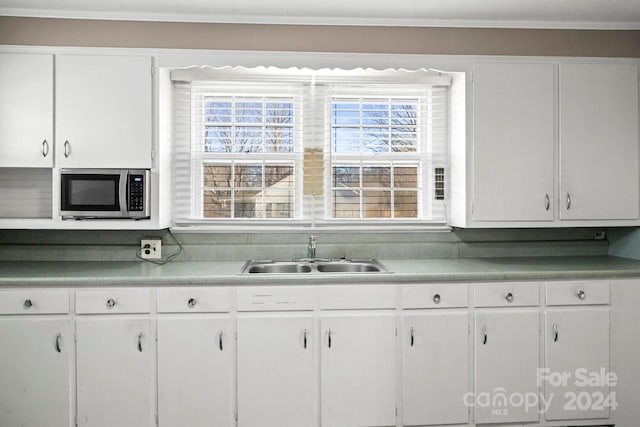 kitchen with white cabinetry, sink, and ornamental molding