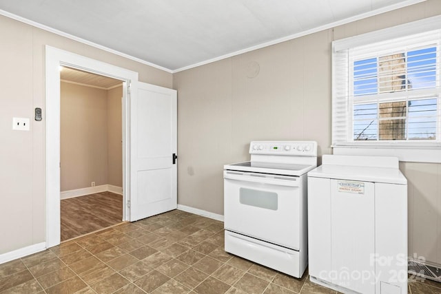 kitchen featuring white cabinetry, ornamental molding, and electric stove