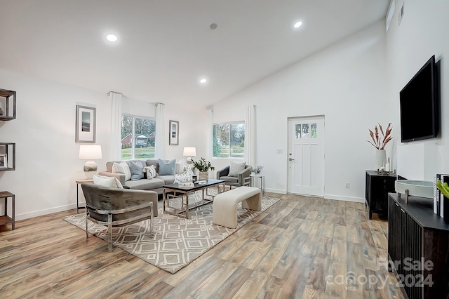 living room with light hardwood / wood-style floors and high vaulted ceiling