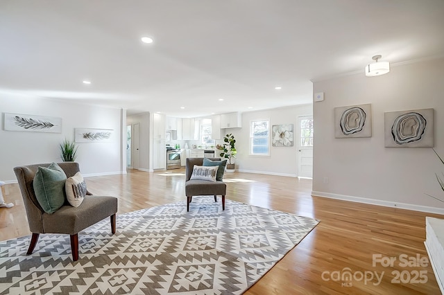 living room with light hardwood / wood-style floors and ornamental molding