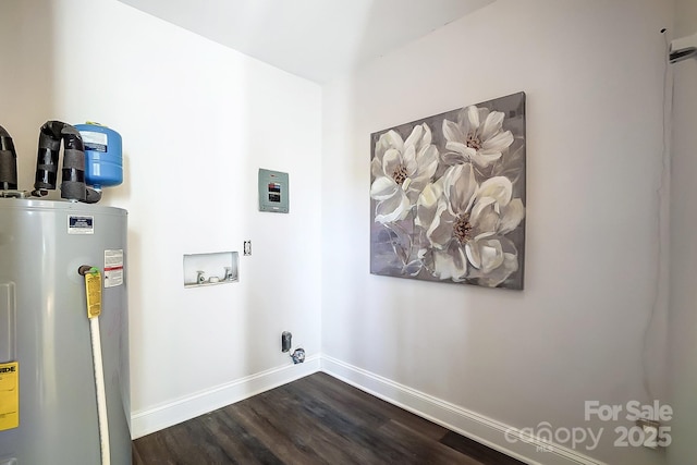 washroom with electric dryer hookup, water heater, washer hookup, and dark hardwood / wood-style floors