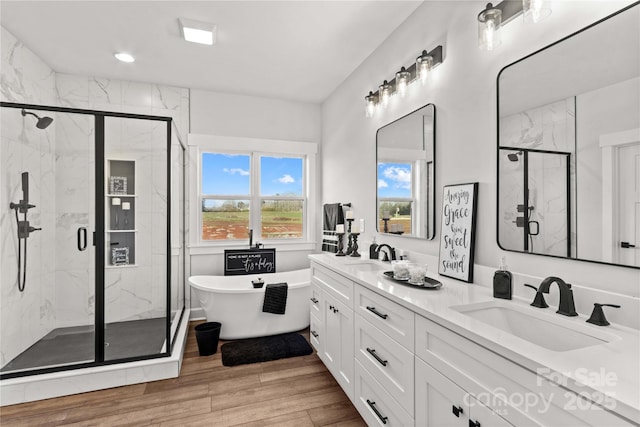 bathroom featuring vanity and separate shower and tub