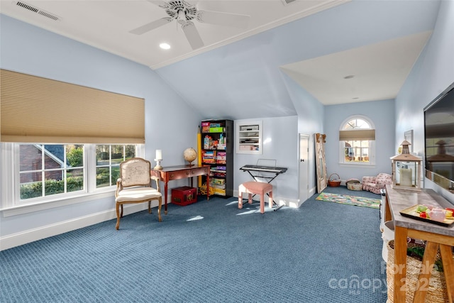 rec room with carpet floors, baseboards, visible vents, and vaulted ceiling