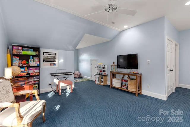 playroom featuring vaulted ceiling, carpet floors, and baseboards