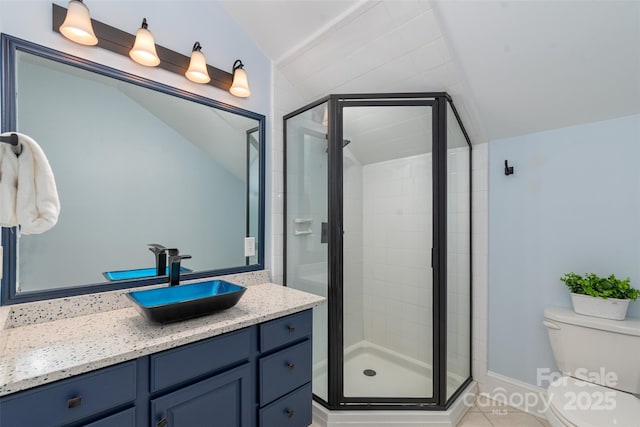 full bathroom featuring lofted ceiling, a shower stall, toilet, and vanity