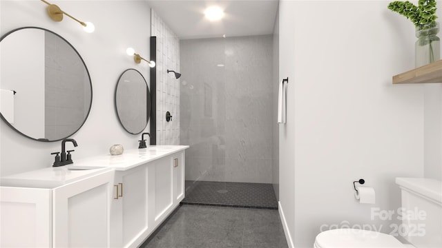 bathroom featuring vanity, toilet, and tiled shower