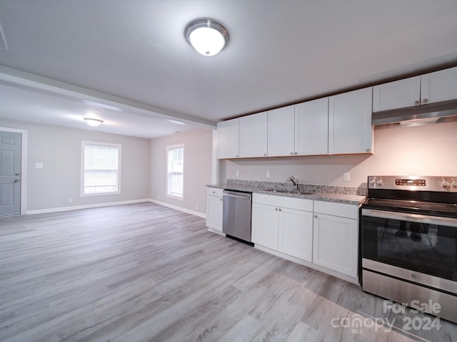 kitchen featuring white cabinets, stainless steel appliances, and light hardwood / wood-style flooring