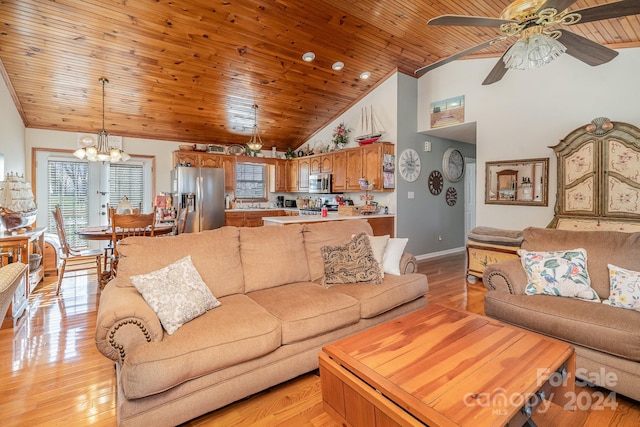 living room with wooden ceiling, high vaulted ceiling, light hardwood / wood-style floors, and ceiling fan with notable chandelier