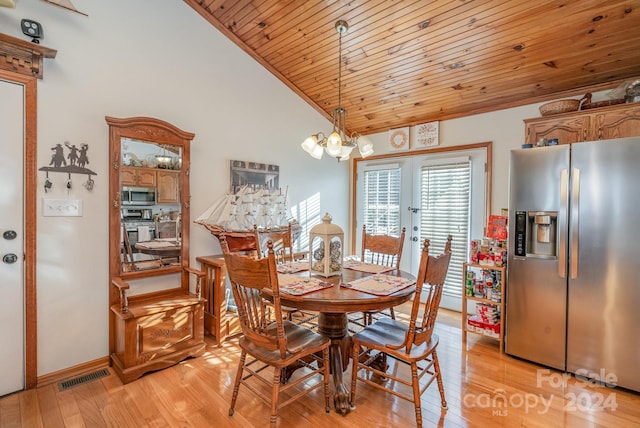 dining room featuring wooden ceiling, high vaulted ceiling, french doors, an inviting chandelier, and light wood-type flooring