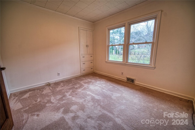 carpeted spare room featuring crown molding