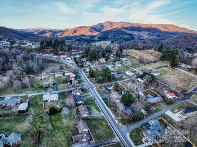 drone / aerial view featuring a mountain view