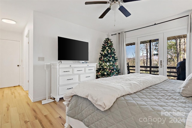 bedroom with ceiling fan, light hardwood / wood-style floors, and access to exterior