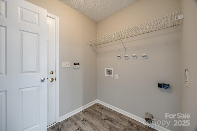 laundry area featuring hookup for an electric dryer, washer hookup, a textured ceiling, and hardwood / wood-style flooring