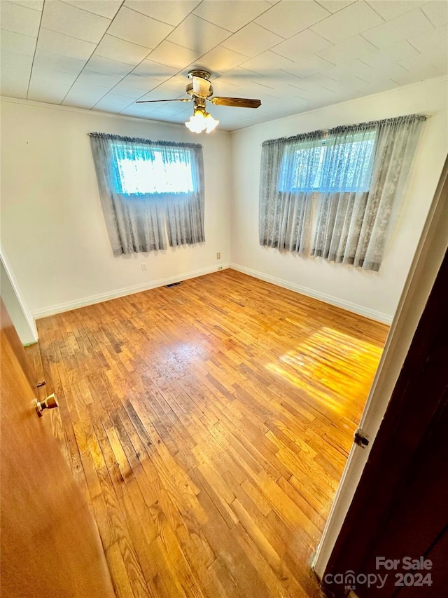 empty room featuring ceiling fan and light hardwood / wood-style flooring