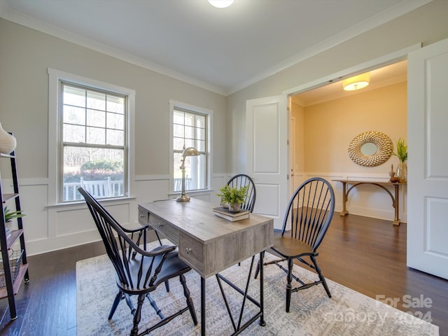 office area with ornamental molding and dark wood-type flooring