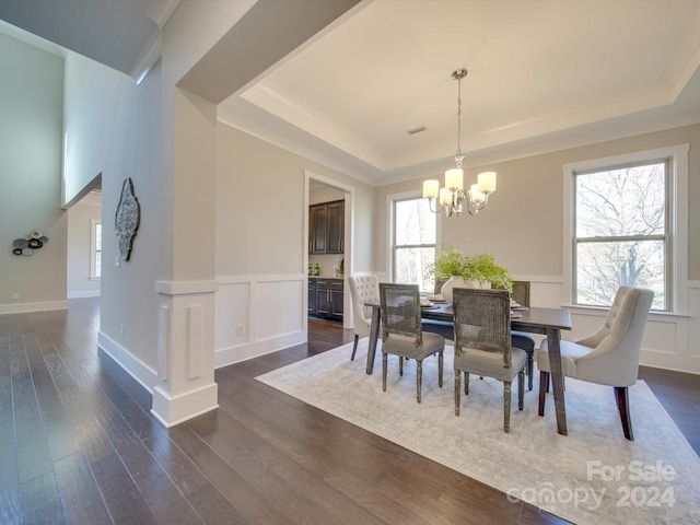 dining area with a tray ceiling, dark hardwood / wood-style flooring, plenty of natural light, and a notable chandelier