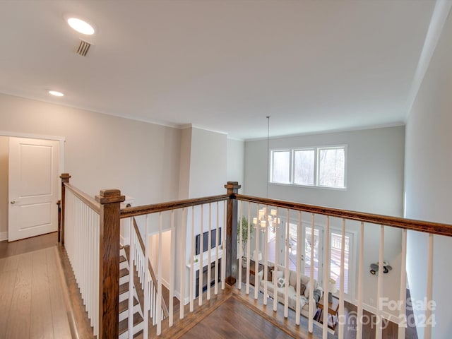 hallway featuring hardwood / wood-style flooring and ornamental molding