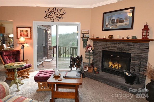 living room featuring carpet flooring, a stone fireplace, and ornamental molding