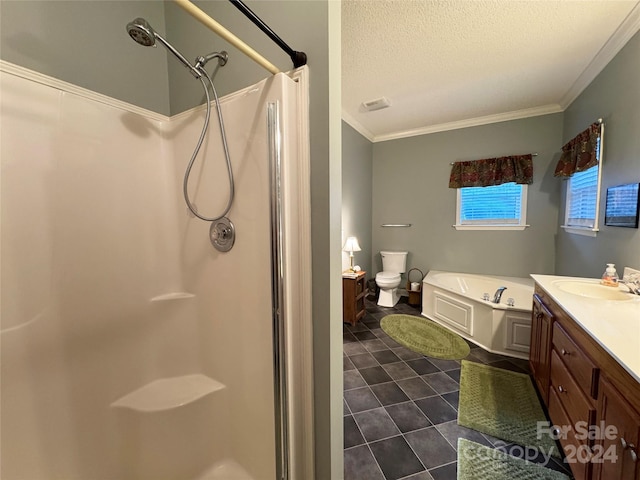 bathroom with tile patterned flooring, vanity, separate shower and tub, and crown molding