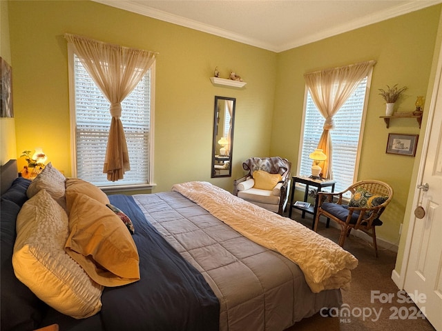 carpeted bedroom featuring ornamental molding