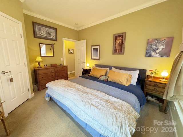 carpeted bedroom with crown molding