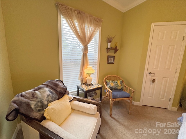 sitting room featuring carpet floors and ornamental molding