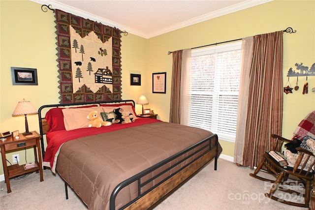 bedroom featuring carpet flooring and crown molding