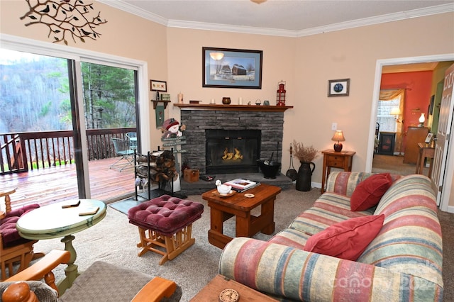 living room with a fireplace, carpet floors, and ornamental molding