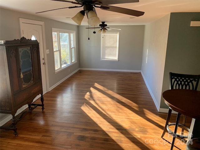 interior space featuring ceiling fan and dark wood-type flooring