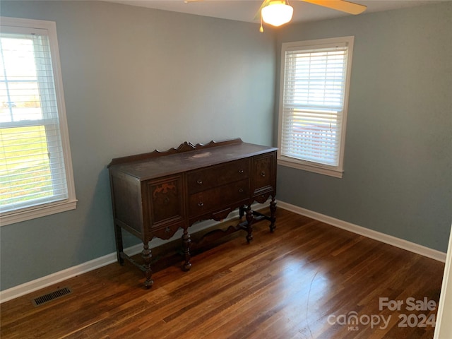 interior space with dark hardwood / wood-style flooring and ceiling fan