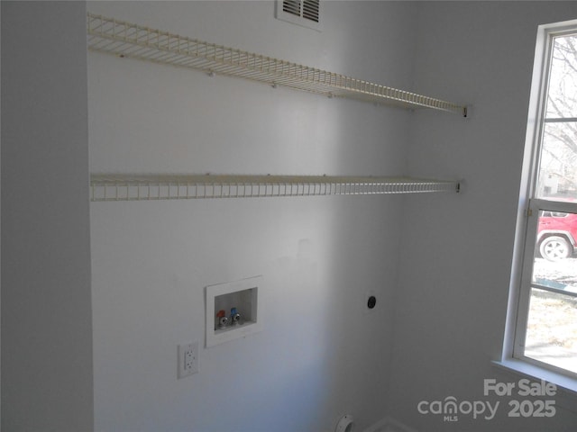 laundry room featuring laundry area, washer hookup, visible vents, and hookup for an electric dryer