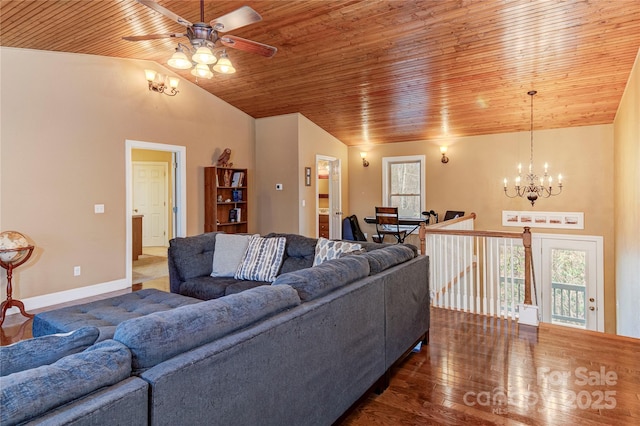 living room with dark hardwood / wood-style flooring, ceiling fan with notable chandelier, vaulted ceiling, and wooden ceiling