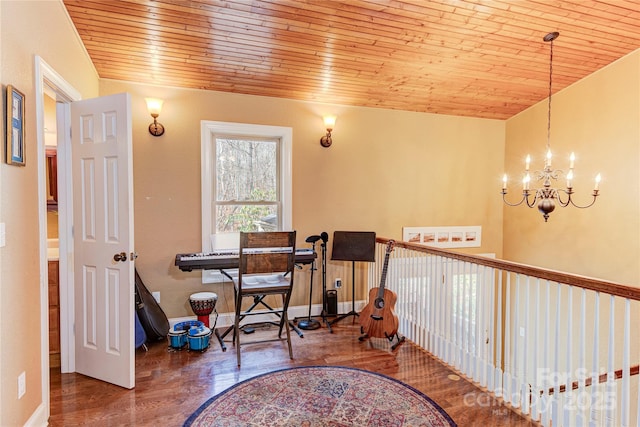 interior space with wood ceiling and a chandelier