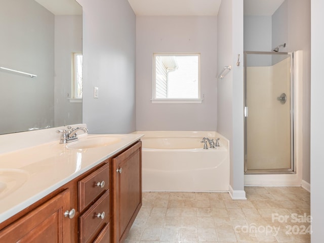 bathroom featuring vanity and separate shower and tub